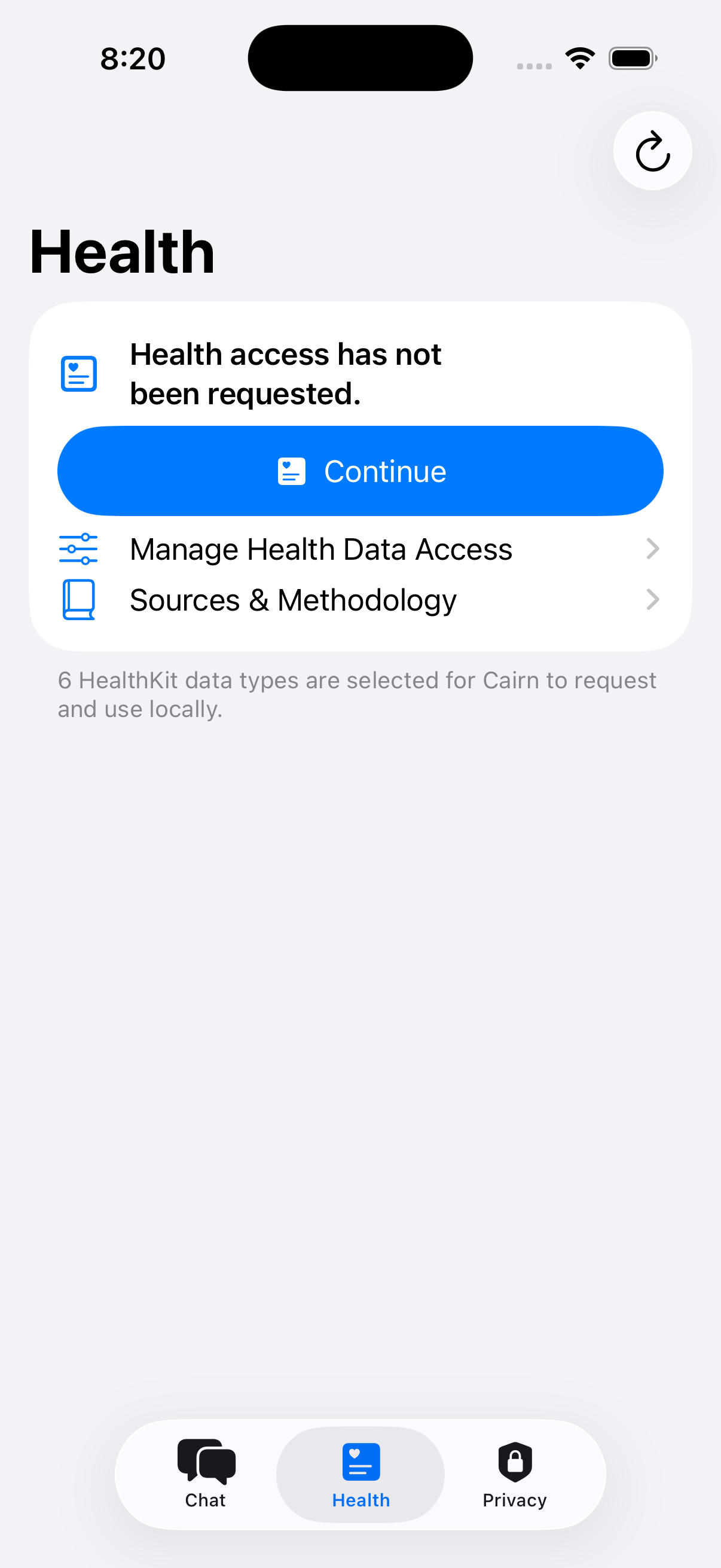 Health permission entry screen