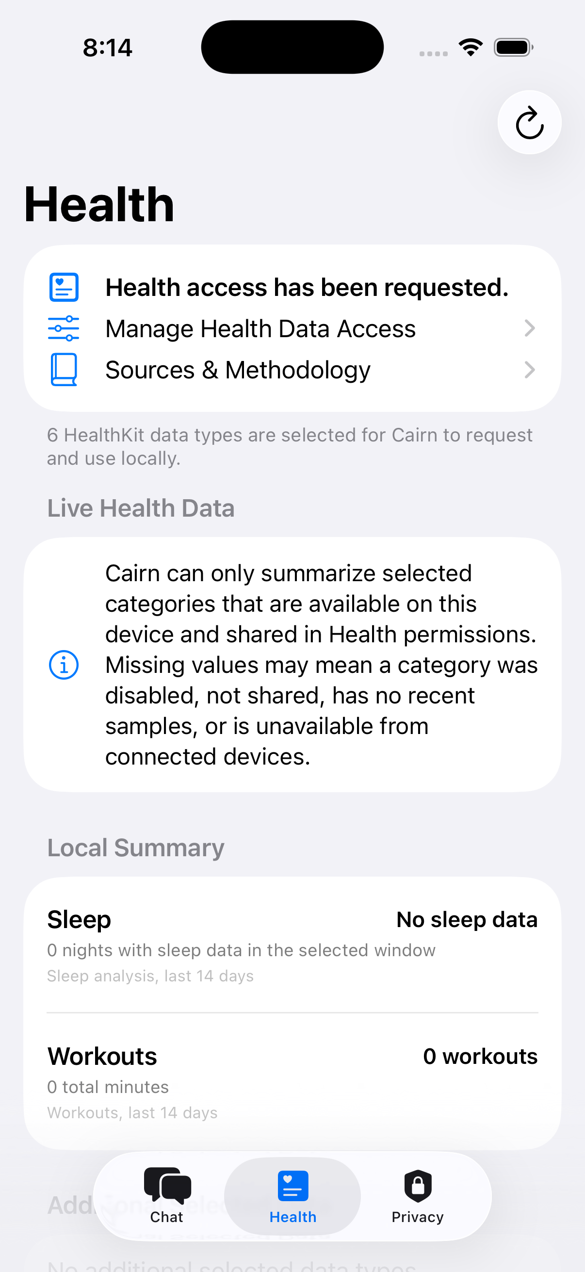 Health screen showing local summary and navigation